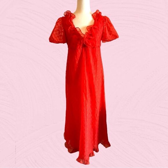 Vintage 60s bright red ruffled maxi gown - Picture 1 of 14